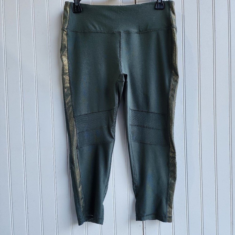RBX Leggings Pants Womens Green Gold Metallic Yoga Gym Athleisure Crop Mesh M